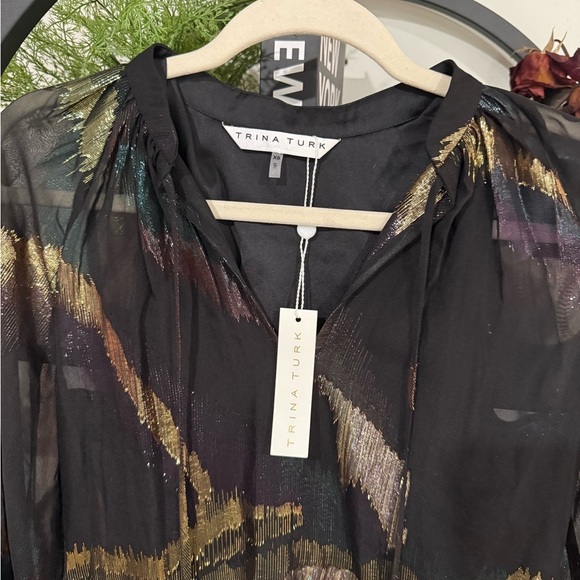 Trina Turk Black Dress with Gold and Green Accents matalic design size xs - Picture 6 of 13